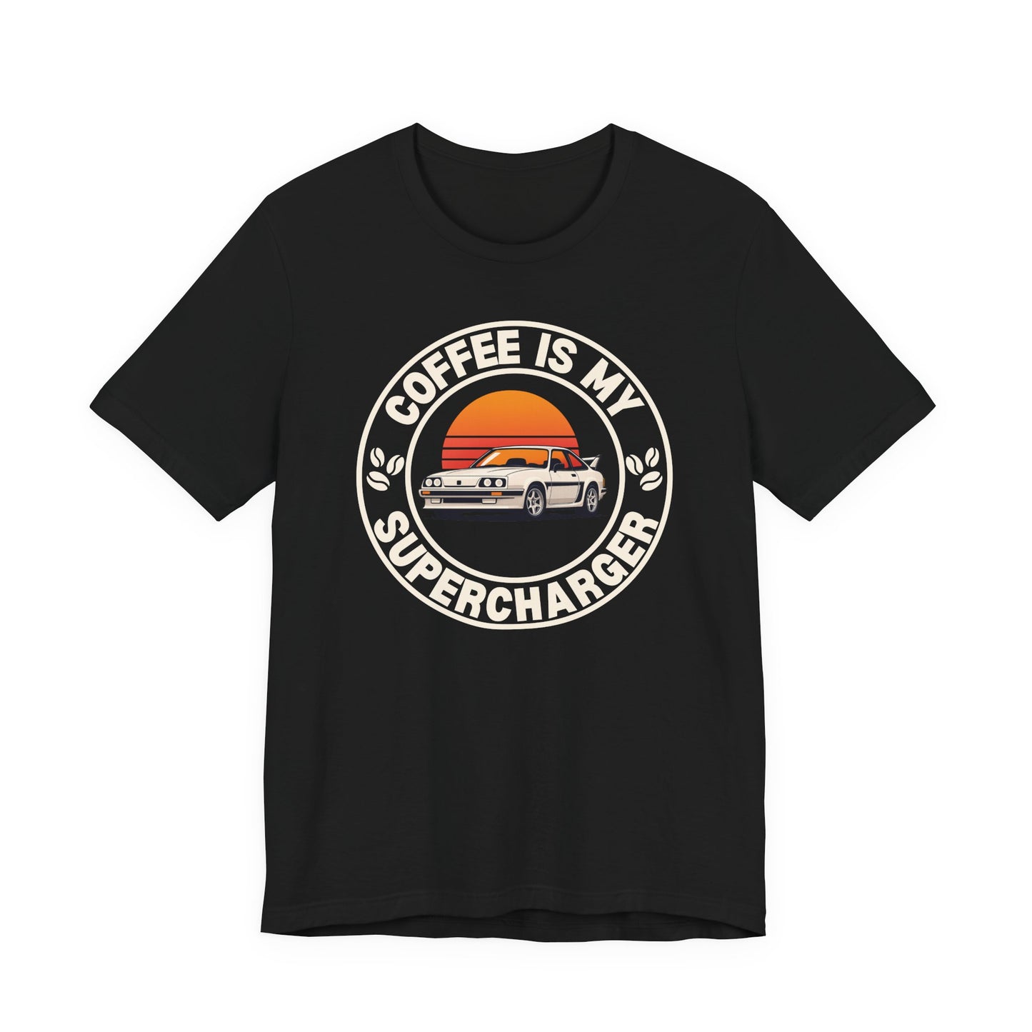 Classic Car Tee — “My Coffee Is My Supercharger” Vintage Sunset T‑Shirt