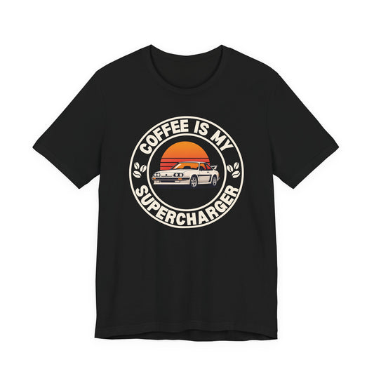 Classic Car Tee — “My Coffee Is My Supercharger” Vintage Sunset T‑Shirt