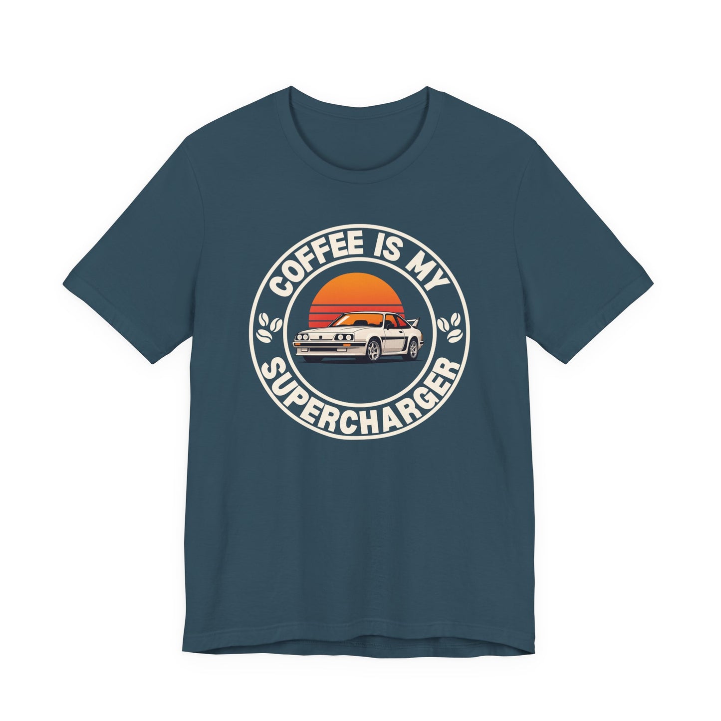 Classic Car Tee — “My Coffee Is My Supercharger” Vintage Sunset T‑Shirt