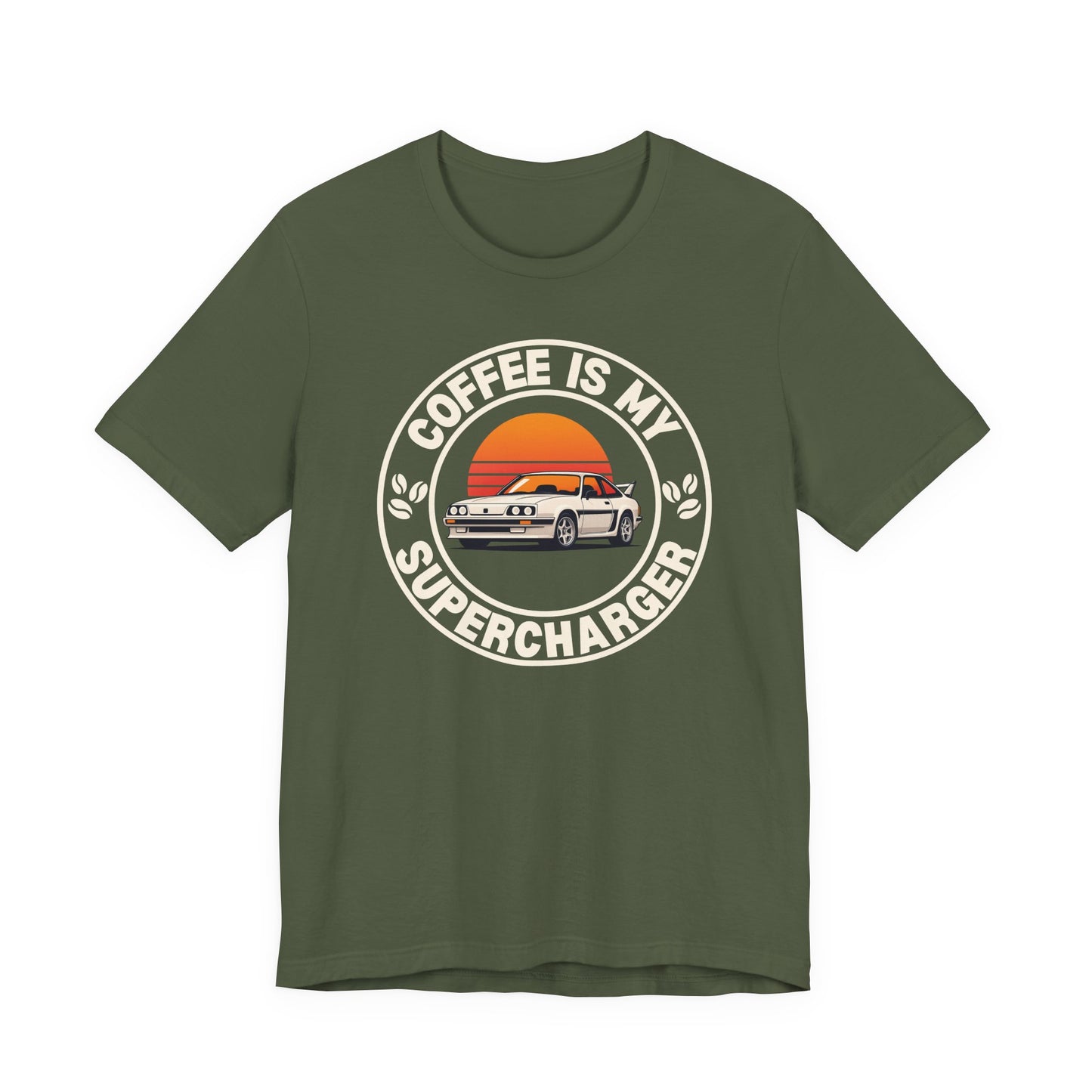 Classic Car Tee — “My Coffee Is My Supercharger” Vintage Sunset T‑Shirt